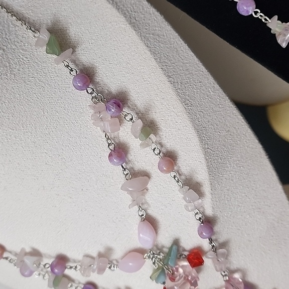 Silver Natural Stone Pink Quartz Glass Acrylic Bead Necklace Earrings Set - Picture 6 of 11